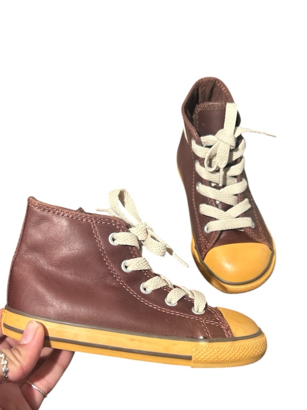 Converse Leather Kids High-Top Sneakers in Brown with Yellow Size 9